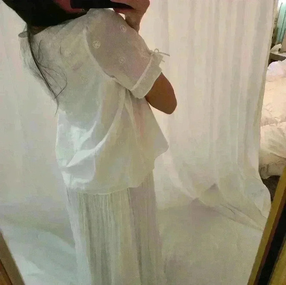 MADEWELL White Romantic Blouse Cream pleat picnic Short Sleeve quarter sleeve - Picture 4 of 11